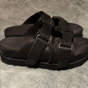 UGG Black Double-Strap Leather Slide Sandals